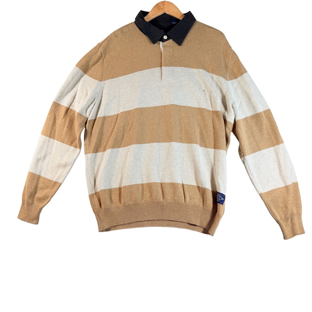 Chaps Mens Striped Rugby Polo Sweater XL Camel Heather 100% Cotton NWT